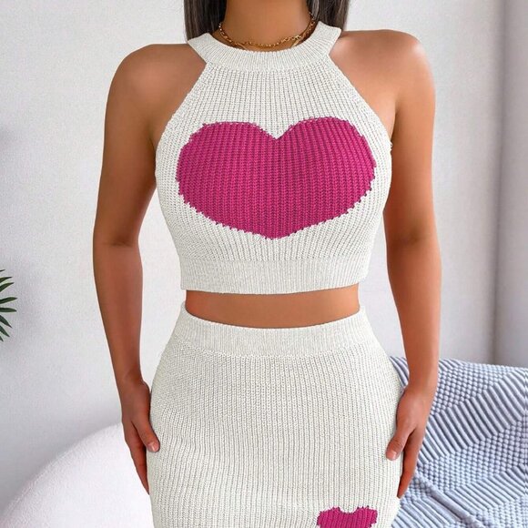 White Casual Womens Heart Pattern Crop Knit Top & Knit Skirt - Picture 4 of 5